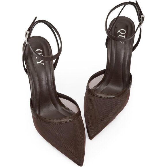 Close Toe Ankle Strap Women Brown Heels Pointed Toe Stiletto Pumps Wedding Shoes - Picture 5 of 7